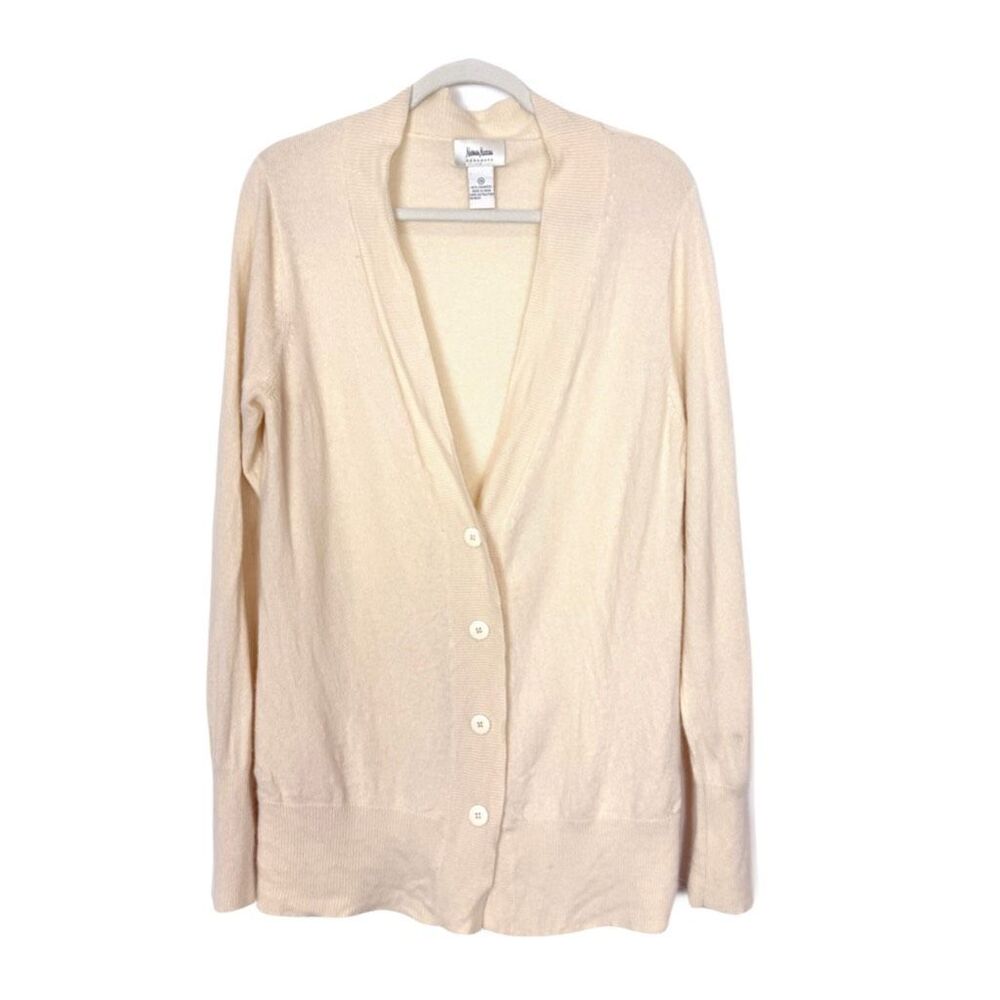 Neiman Marcus 100% Cashmere Cardigan Sweater Womens Ivory Cream V Neck Button Up